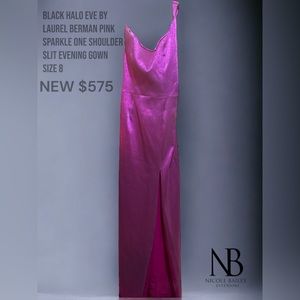 One shoulder designer Fuchsia sparkle evening gown with slit